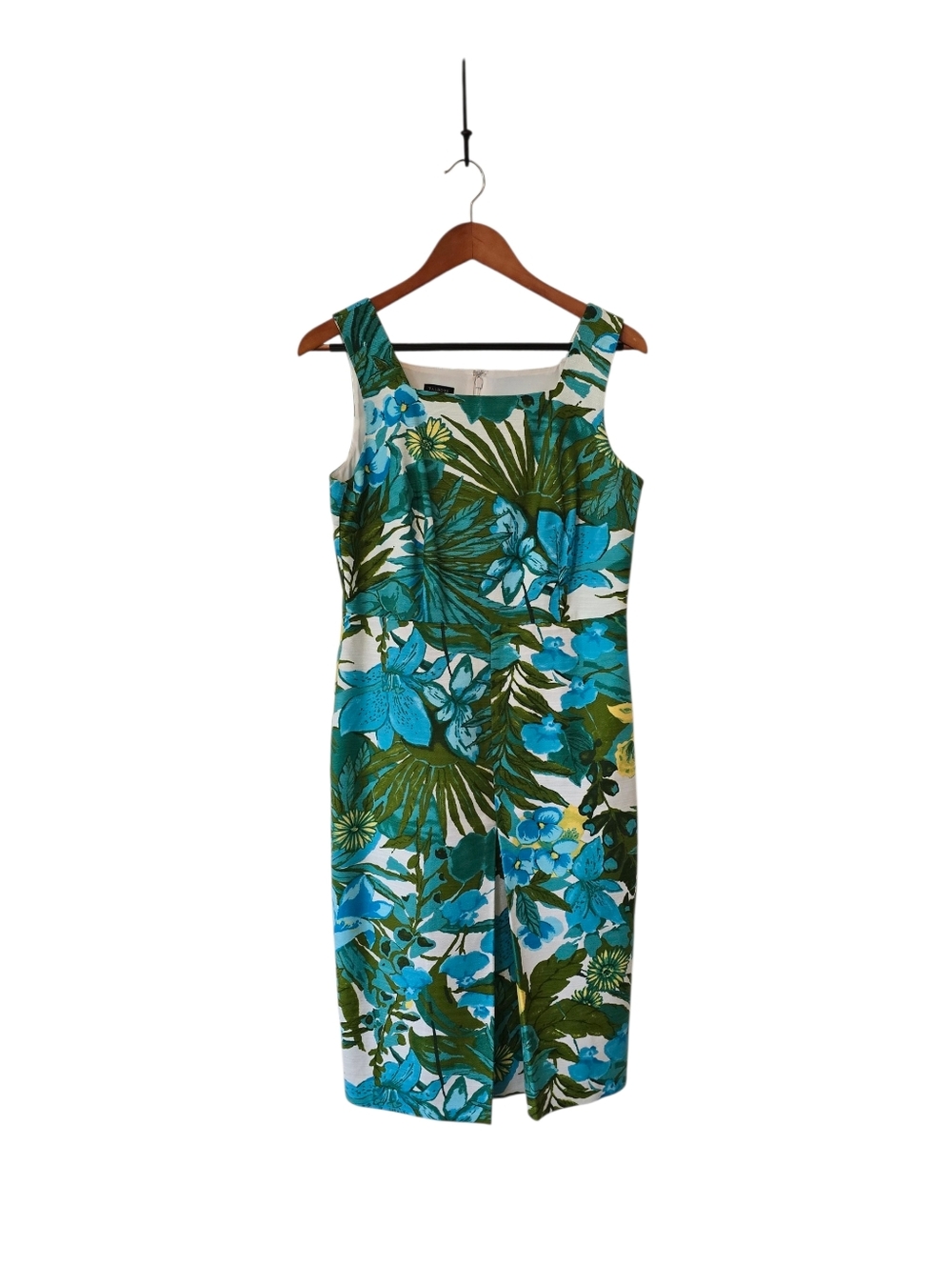 Sleeveless Tropical Floral Sheath Dress in Teal and Green